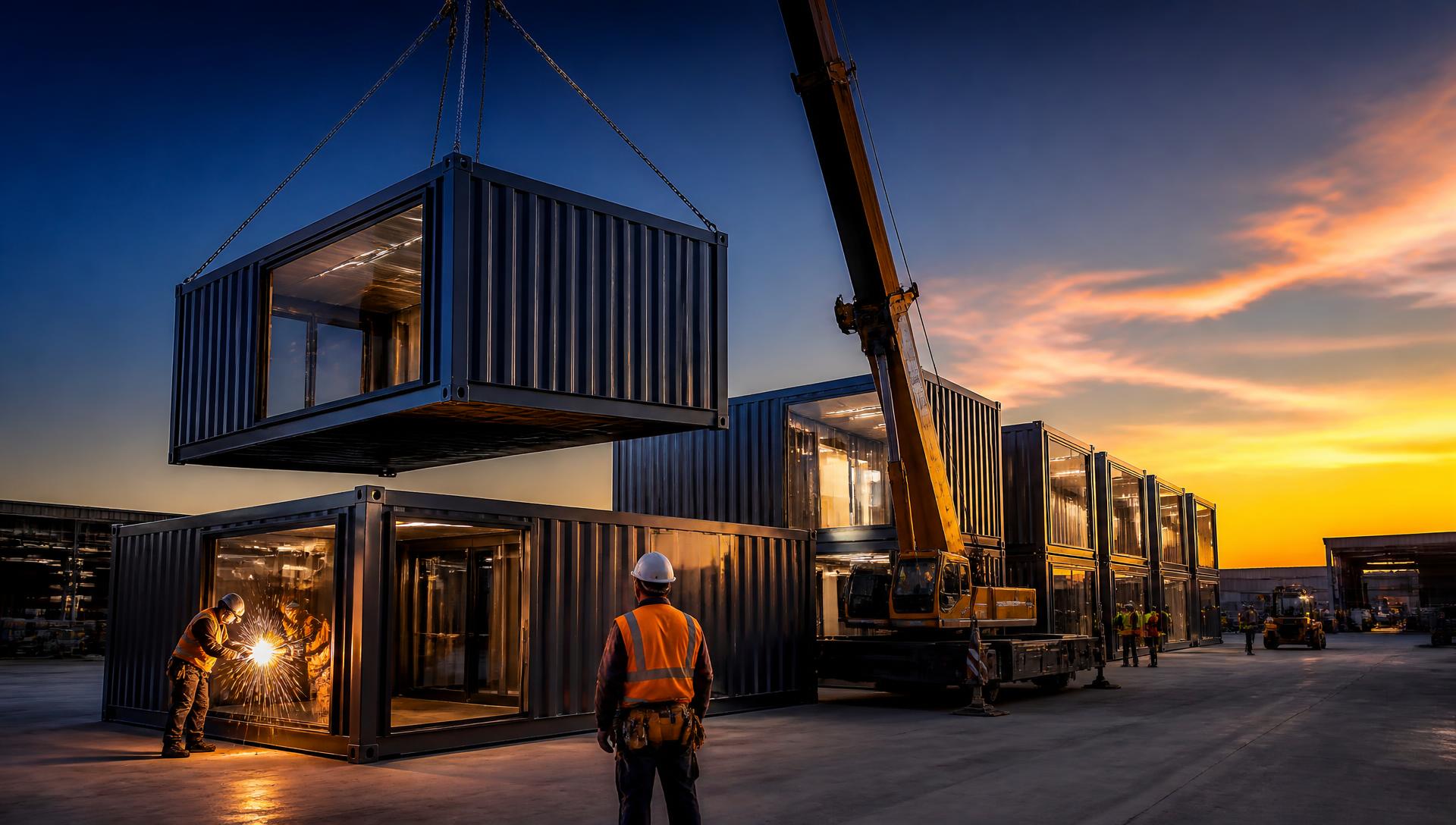 Modular container units being craned into position at an Atlas Civils manufacturing yard