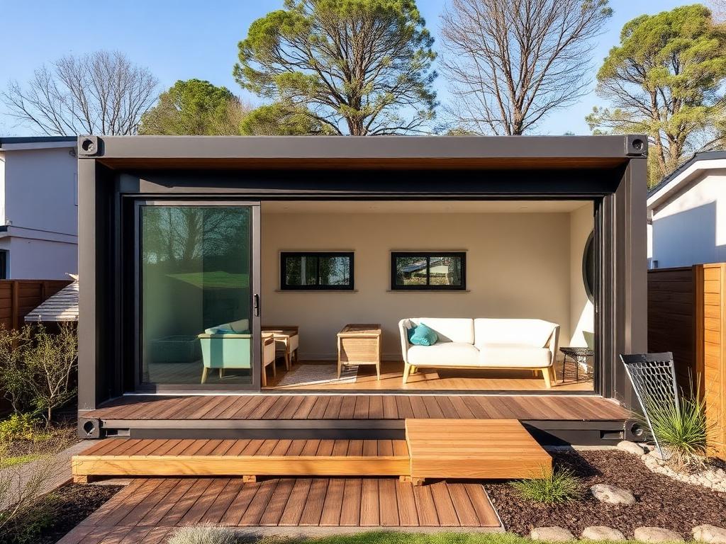 Modern container home with glass sliding doors and timber deck